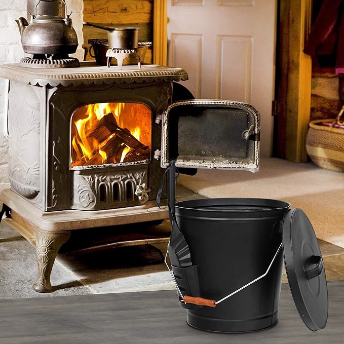 PG-0214 Ash Bucket with Lid and Shovel 5.15 Gallon Large Galvanized Metal Coal and Hot Ash Pail for Fireplace