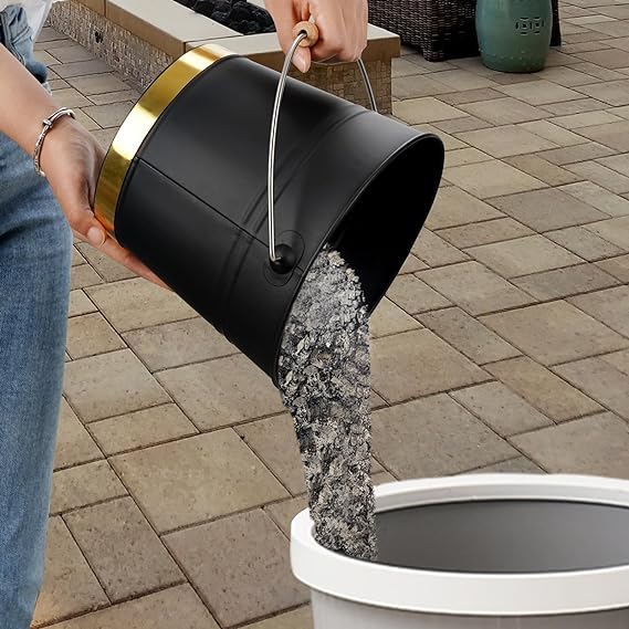 PG-0215 Mini Ash Bucket with Lid,Shovel & Hand Broom,Galvanized Steel Metal Charcoal Container, Coal Bucket with Handle,Tool Set Accessories for Fireplace Indoor & Outdoor, Fire Pit, Wood Burning Stove.Golden