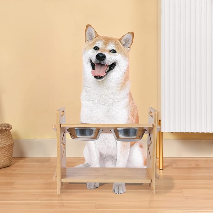 PG-0289 Elevated Dog Bowls-Adjustable Raised Dog Bowls with Stand for Small Size Dogs and Cats,Durable Bamboo Dog Feeder with 2 Stainless Steel Bowls and Non-Slip Feet