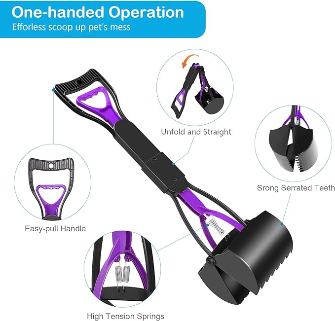PG-0276 80 cm Pooper Scooper for Large Small Dogs, Folding Dog Poop Scooper, Durable Spring and Premium Materials, Easy to Use for Grass, Dirt, Gravel Pick Up Shovel with Poop Bags
