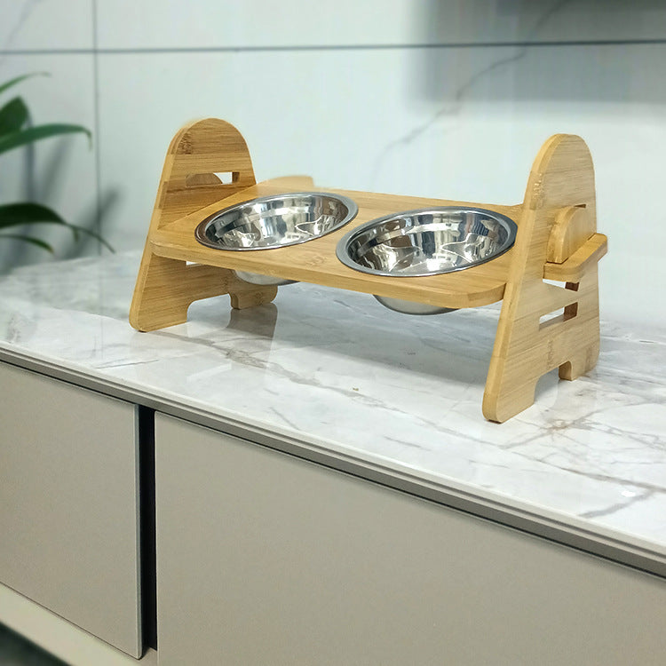 PG-0290 Elevated Dog Bowls-Adjustable Raised Dog Bowls with Stand for Small Size Dogs and Cats,Durable Bamboo Dog Feeder with 2 Stainless Steel Bowls and Non-Slip Feet