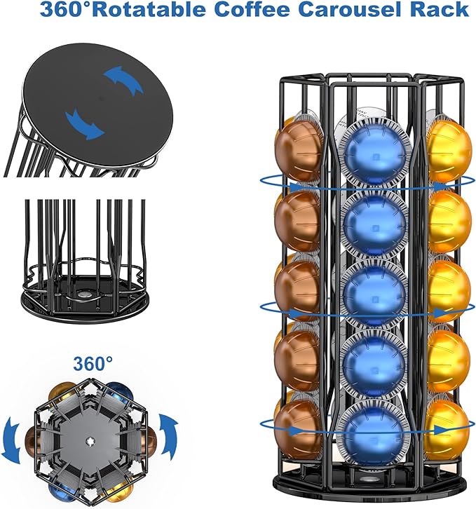 PG-0177 Coffee Pod Holder for Nespresso Vertuoline, Nespresso Vertuo Pods Holder Carousel Stand Storage, 360-Degree Spining Nespresso Vertuoline Pods Organizer, Metal Black - Holds 30 Pods