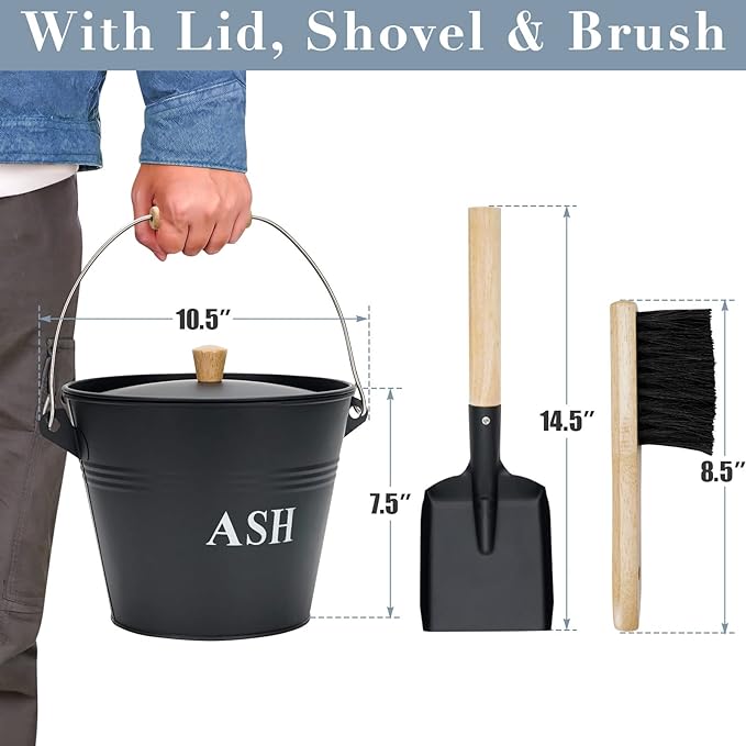 PG-0213 Metal Bucket with Lid, Fireplace Ash Bucket, Coal Bucket for Wood Stove Accessories Ash Can for Fire Pits, Hearth
