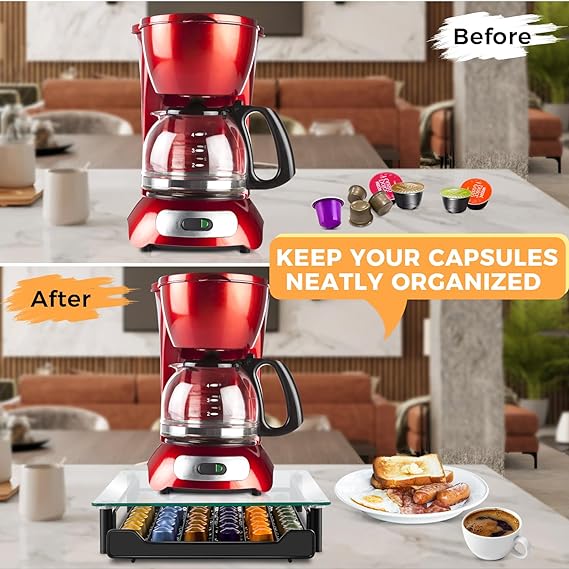 PG-0180 Coffee Pod Storage Drawer, Compatible with 60 Nespresso OriginalLine Capsules, Nespresso Pods Holder with Tempered Glass Top, Coffee Pod Organizer Storage for Nespresso