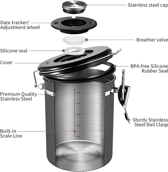 PG-0185 Coffee Canister, Airtight Stainless Steel Kitchen Food Storage Container with Date Tracker and Scoop for Grounds Coffee, Beans, Tea, Flour, Cereal, Sugar