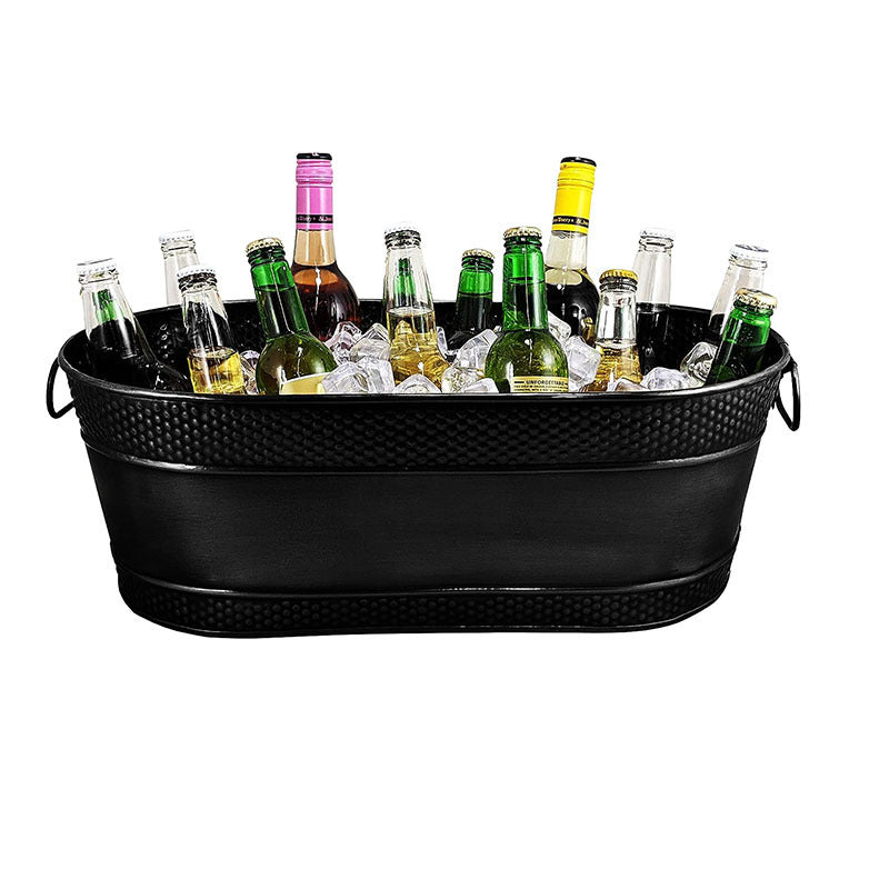 PG-0220 Stainless-Steel Oval Ice Bucket & Drink Cooler for Parties, Hammered Stainless Steel Finish Ice Tub, Sealed to be Leak-Resistant & Rust-Proof with Handles