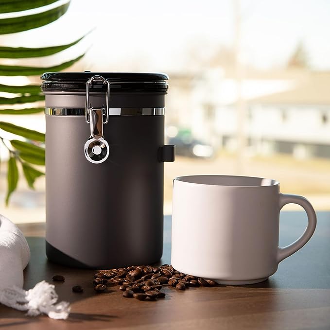 PG-0182 Coffee Canister, Airtight Stainless Steel Kitchen Food Storage Container with Date Tracker and Scoop for Grounds Coffee, Beans, Tea, Flour, Cereal, Sugar