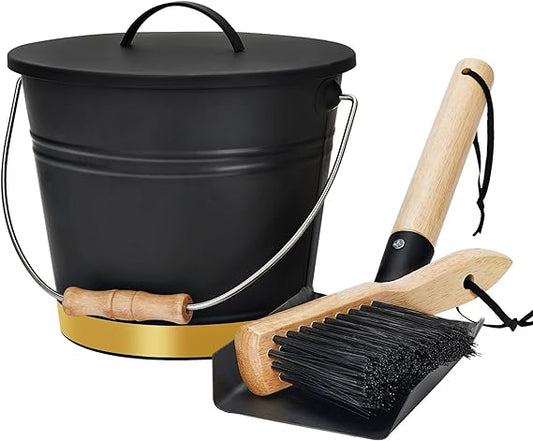 PG-0215  Mini Ash Bucket with Lid,Shovel & Hand Broom,Galvanized Steel Metal Charcoal Container, Coal Bucket with Handle,Tool Set Accessories for Fireplace Indoor & Outdoor, Fire Pit, Wood Burning Stove.Golden