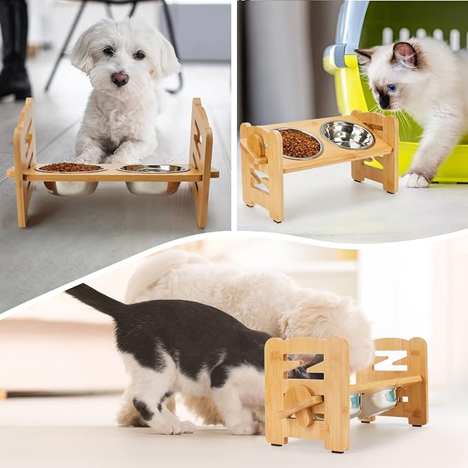 PG-0287 Tigelas elevadas para cães, tigela elevada para cães com 6 alturas ajustáveis, proteção de pescoço com inclinação de 15 ° Suporte para tigela para cães de bambu com 2 tigelas para cães de aço inoxidável para cães e gatos pequenos e médios 