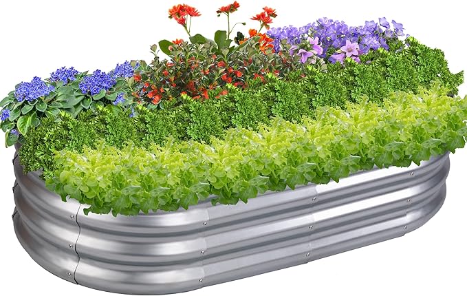 PG-0228 Kit de cama de jardim 4N1-8 polegadas Caixa de plantador de metal oval para vegetais, borda de tira de borracha e barreira contra ervas daninhas incluídas 