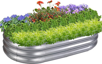 PG-0229 Kit de cama de jardim 6N1-8 polegadas Caixa de plantador de metal oval para vegetais, borda de tira de borracha e barreira contra ervas daninhas incluídas 