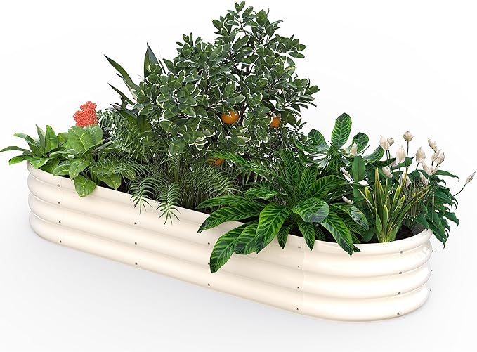 PG-0229  Garden Bed Kit   6N1-8 inch Oval Metal Planter Box for Vegetables, Rubber Strip Edging and Weed Barrier Included