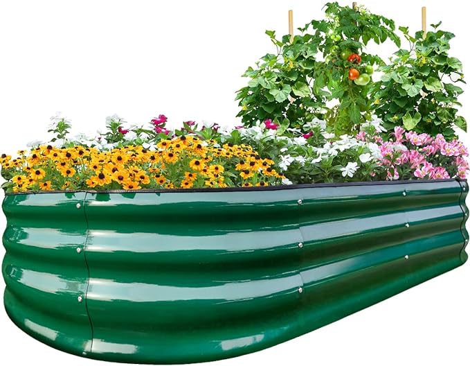 PG-0229 Kit de cama de jardim 6N1-8 polegadas Caixa de plantador de metal oval para vegetais, borda de tira de borracha e barreira contra ervas daninhas incluídas 