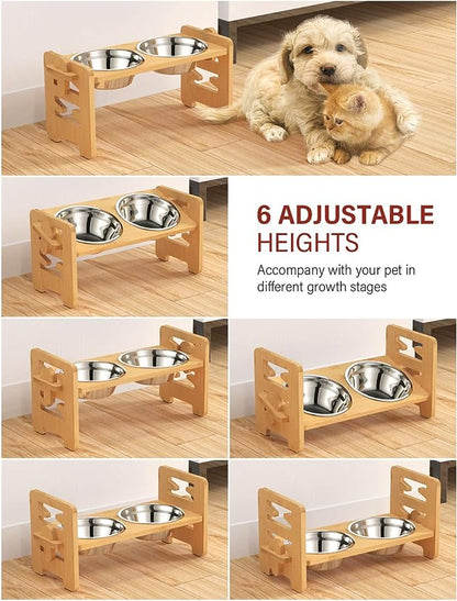 PG-0288 Tigelas elevadas para cães - Tigelas elevadas ajustáveis ​​para cães com suporte para cães e gatos de tamanho pequeno, comedouro de bambu durável para cães com 2 tigelas de aço inoxidável e pés antiderrapantes 