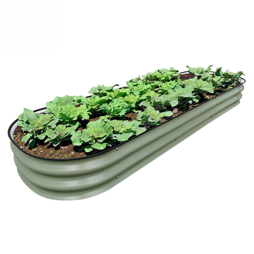 PG-0228 Kit de cama de jardim 4N1-8 polegadas Caixa de plantador de metal oval para vegetais, borda de tira de borracha e barreira contra ervas daninhas incluídas 