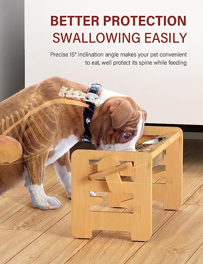 PG-0288 Tigelas elevadas para cães - Tigelas elevadas ajustáveis ​​para cães com suporte para cães e gatos de tamanho pequeno, comedouro de bambu durável para cães com 2 tigelas de aço inoxidável e pés antiderrapantes 