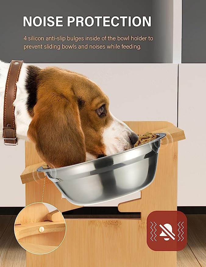 PG-0288   Elevated Dog Bowls-Adjustable Raised Dog Bowls with Stand for Small Size Dogs and Cats,Durable Bamboo Dog Feeder with 2 Stainless Steel Bowls and Non-Slip Feet