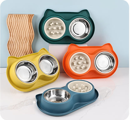 PG-0324 Tigelas de água e comida para cães de estimação Conjunto de tigelas de aço inoxidável com alimentador lento Tapete antiderrapante - sem derramamento e design durável 