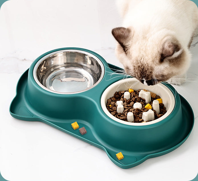 PG-0324 Tigelas de água e comida para cães de estimação Conjunto de tigelas de aço inoxidável com alimentador lento Tapete antiderrapante - sem derramamento e design durável 