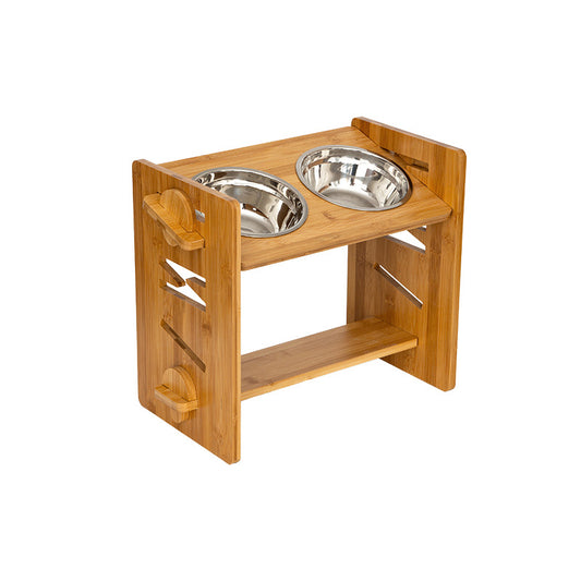 PG-0289   Elevated Dog Bowls-Adjustable Raised Dog Bowls with Stand for Small Size Dogs and Cats,Durable Bamboo Dog Feeder with 2 Stainless Steel Bowls and Non-Slip Feet