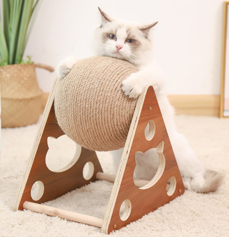 Placa triangular para arranhar gatos Brinquedo para gatos Bola de madeira para arranhar garra de moagem enrolada à mão espada corda estrutura de escalada para gatos durável poste para arranhar 