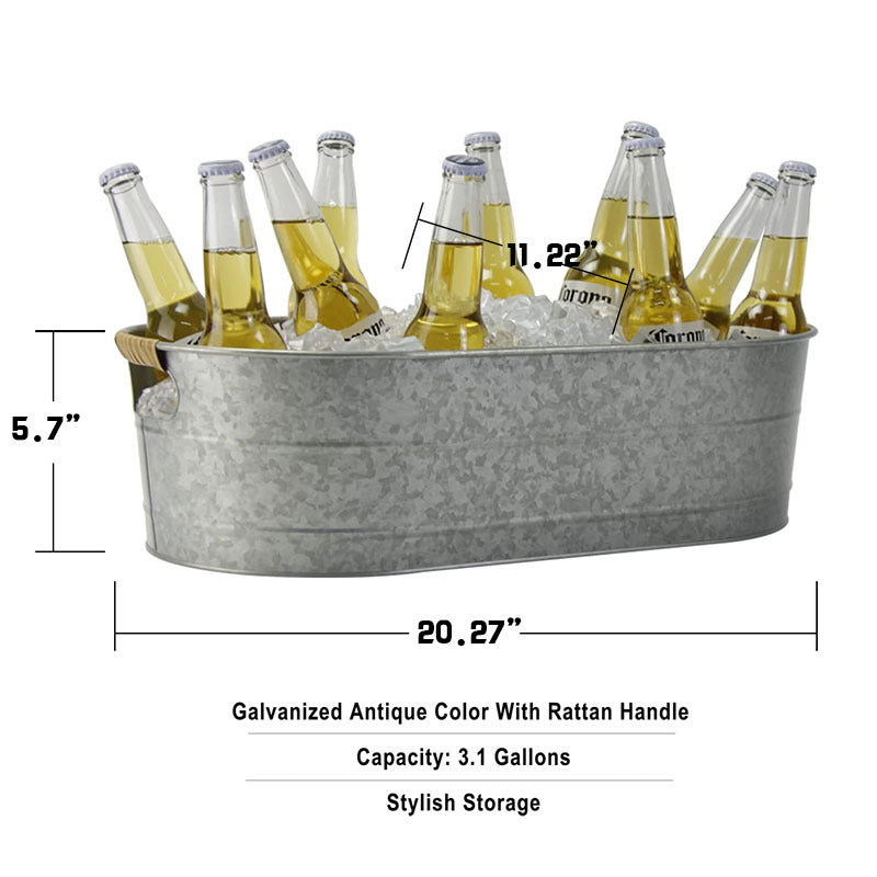 PG-0222  Farmhouse Metal Galvanized Beverage Tub, Beer, Wine, Ice Holder - Ice Buckets for Parties, 3.1 Gallons Rustic Vintage Storage Oval Bucket Bin