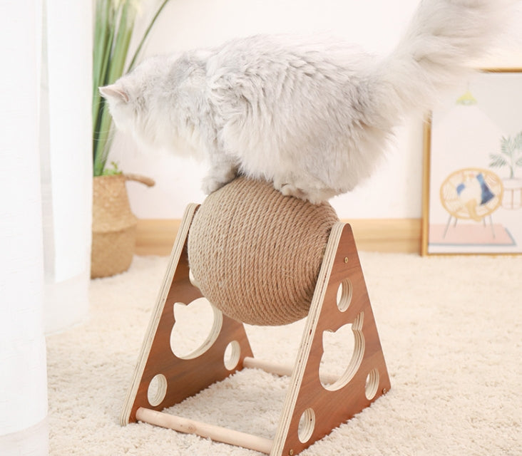 Placa triangular para arranhar gatos Brinquedo para gatos Bola de madeira para arranhar garra de moagem enrolada à mão espada corda estrutura de escalada para gatos durável poste para arranhar 