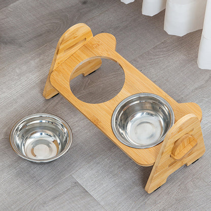 PG-0290   Elevated Dog Bowls-Adjustable Raised Dog Bowls with Stand for Small Size Dogs and Cats,Durable Bamboo Dog Feeder with 2 Stainless Steel Bowls and Non-Slip Feet