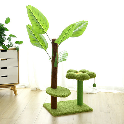 Cat Tower for Indoor Cats, Multi-Level Cat Post with Scratching Board, Pet Stairs with Hanging Ball and Plantain Leaves