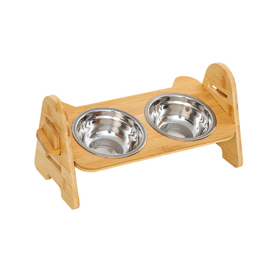 PG-0290   Elevated Dog Bowls-Adjustable Raised Dog Bowls with Stand for Small Size Dogs and Cats,Durable Bamboo Dog Feeder with 2 Stainless Steel Bowls and Non-Slip Feet