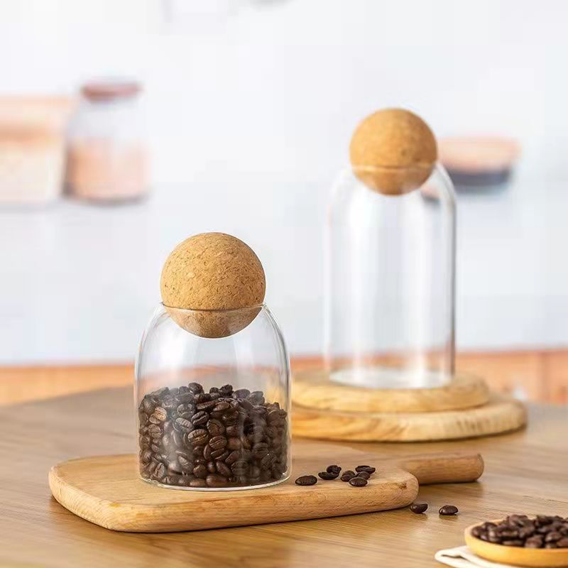 PG-0186  Glass Storage Container with Ball Cork, Cute Decorative Organizer Bottle Canister Jar with Air Tight Wood