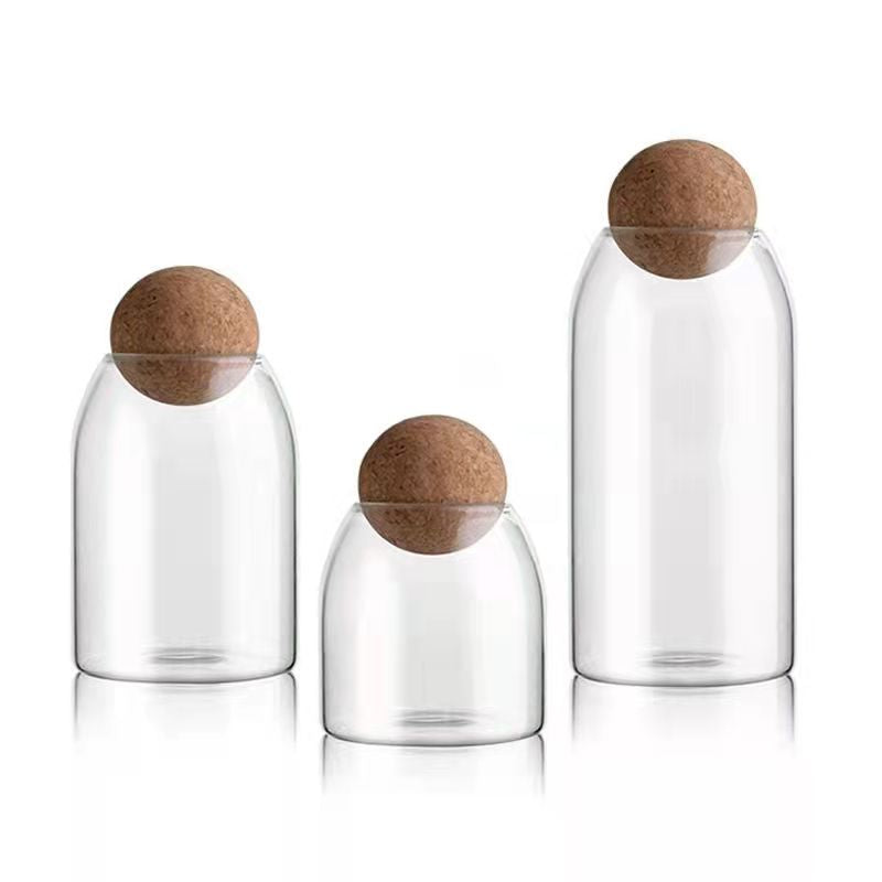 PG-0186  Glass Storage Container with Ball Cork, Cute Decorative Organizer Bottle Canister Jar with Air Tight Wood