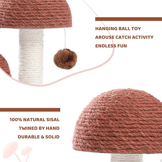 Cat Scratching Post, Mushroom Tall Cat Scratcher Featuring with Natural Sisal Scratching Poles and Interactive Toy Ball for Kittens and Small Cats