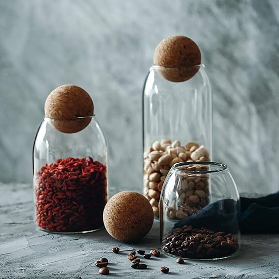 PG-0186  Glass Storage Container with Ball Cork, Cute Decorative Organizer Bottle Canister Jar with Air Tight Wood