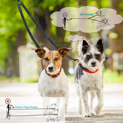 PG-0203  Comfortable Dual Dog Leash Tangle Free with Shock Absorbing Bungee Reflective 2 Dog Leashes