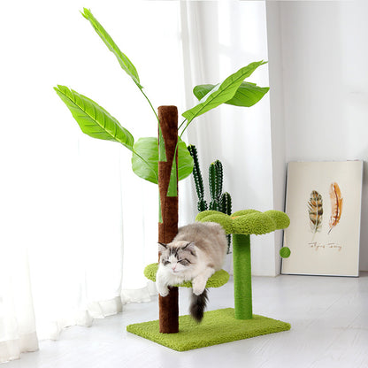 Cat Tower for Indoor Cats, Multi-Level Cat Post with Scratching Board, Pet Stairs with Hanging Ball and Plantain Leaves