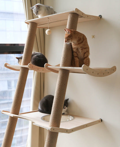 PG-0478 Estrutura de escalada dupla para gatos inclinada de quatro níveis com gatil Móveis de parede para gatos Escalada para gatos em ambientes internos ativos com cama de gato Rede Poleiro de escalada para janela ou parede 