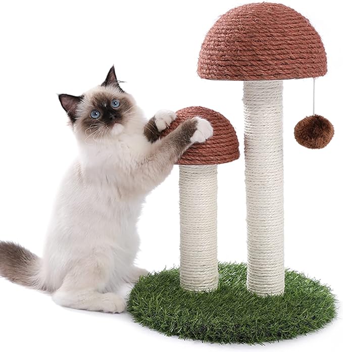 Cat Scratching Post, Mushroom Tall Cat Scratcher Featuring with Natural Sisal Scratching Poles and Interactive Toy Ball for Kittens and Small Cats