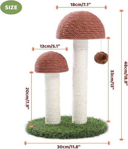 Cat Scratching Post, Mushroom Tall Cat Scratcher Featuring with Natural Sisal Scratching Poles and Interactive Toy Ball for Kittens and Small Cats