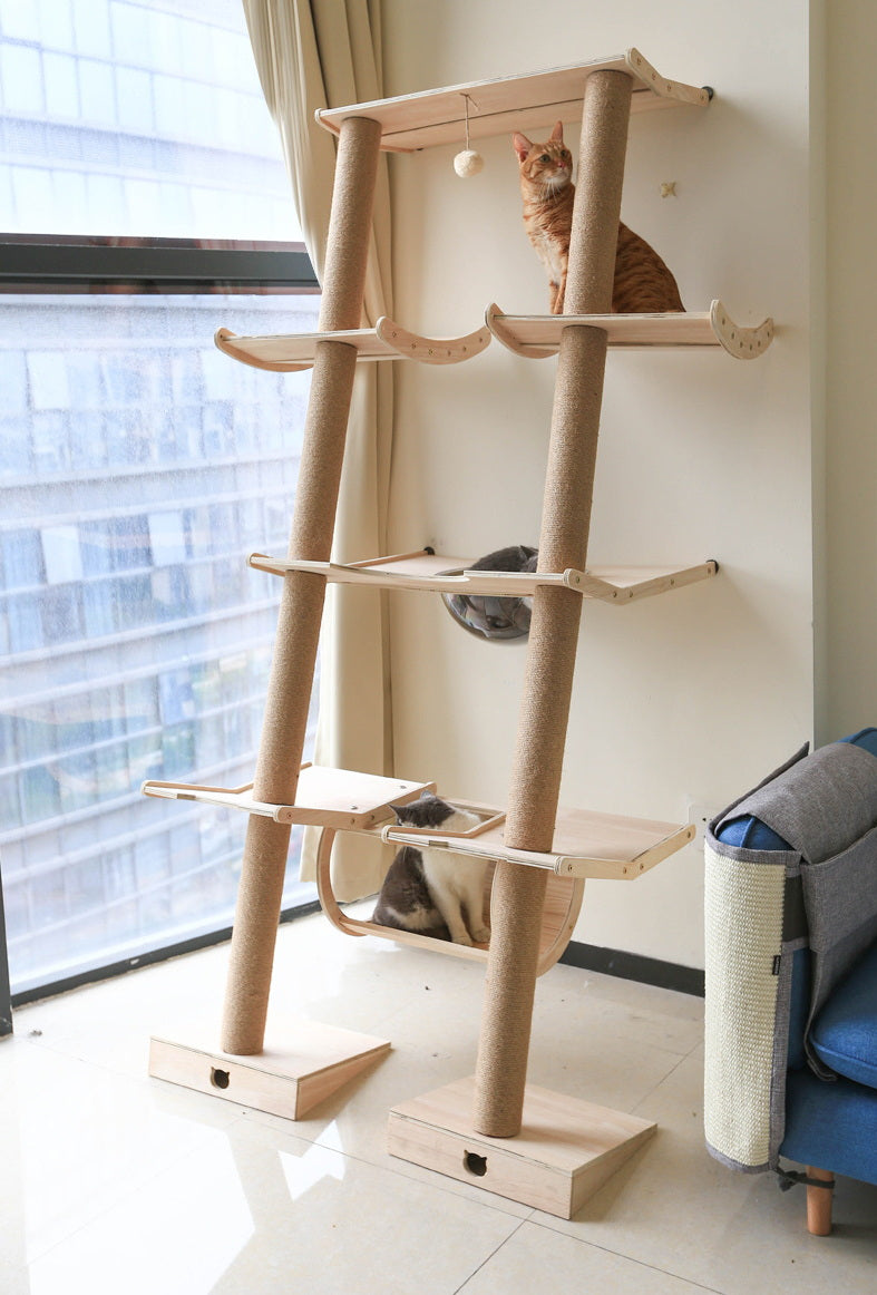 PG-0478 Estrutura de escalada dupla para gatos inclinada de quatro níveis com gatil Móveis de parede para gatos Escalada para gatos em ambientes internos ativos com cama de gato Rede Poleiro de escalada para janela ou parede 