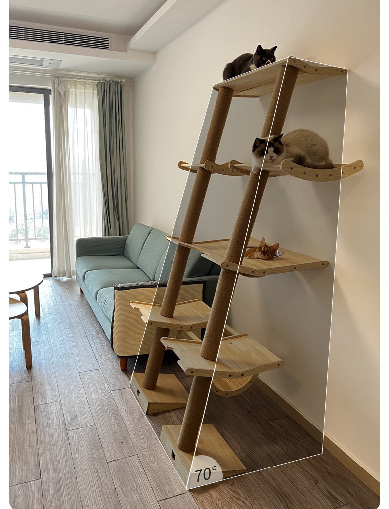 PG-0475 Estrutura de escalada inclinada para gatos de três níveis com gatil Móveis de parede para gatos Escalada para gatos em ambientes internos ativos com cama de gato Rede Poleiro de escalada para janela ou parede 