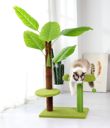 Torre de gato para gatos internos, poste de gato multinível com placa para arranhar, escadas para animais de estimação com bola suspensa e folhas de bananeira 