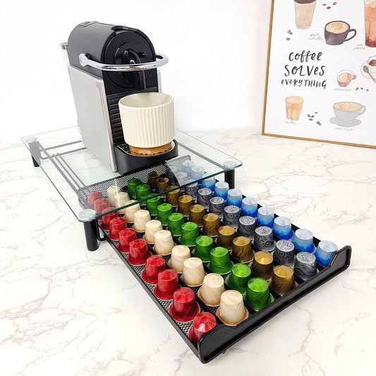 Gaveta de armazenamento para cápsulas de café PG-0180, compatível com 60 cápsulas Nespresso OriginalLine, suporte para cápsulas Nespresso com tampa de vidro temperado, armazenamento organizador de cápsulas de café para Nespresso