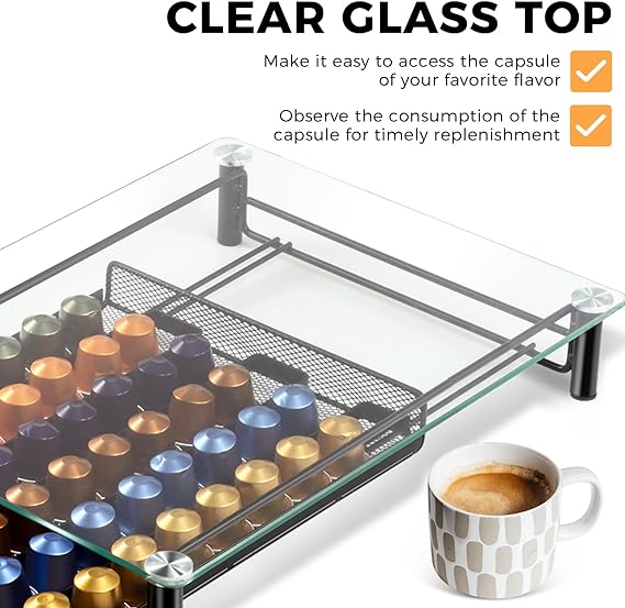 PG-0180  Coffee Pod Storage Drawer, Compatible with 60 Nespresso OriginalLine Capsules, Nespresso Pods Holder with Tempered Glass Top, Coffee Pod Organizer Storage for Nespresso