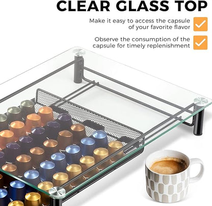 PG-0180  Coffee Pod Storage Drawer, Compatible with 60 Nespresso OriginalLine Capsules, Nespresso Pods Holder with Tempered Glass Top, Coffee Pod Organizer Storage for Nespresso