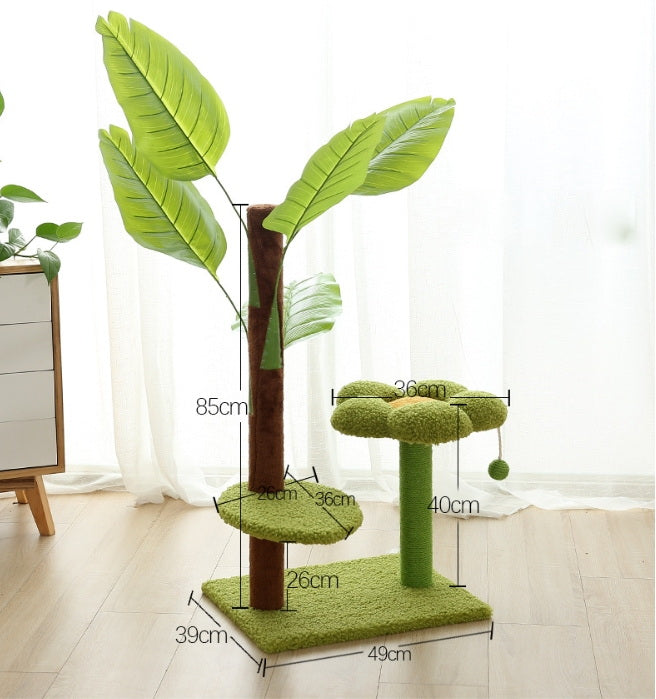 Cat Tower for Indoor Cats, Multi-Level Cat Post with Scratching Board, Pet Stairs with Hanging Ball and Plantain Leaves