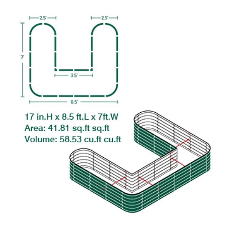 PG-0251 17 "de altura em forma de u cama de jardim elevada cama de plantador de metal para vegetais flores caixa de plantador de chão 