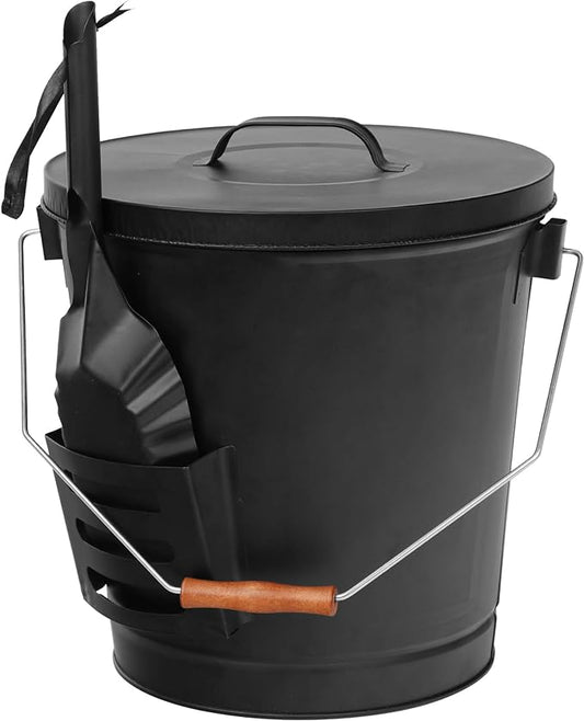 PG-0214  Ash Bucket with Lid and Shovel 5.15 Gallon Large Galvanized Metal Coal and Hot Ash Pail for Fireplace