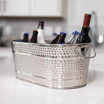 PG-0220  Stainless-Steel Oval Ice Bucket & Drink Cooler for Parties, Hammered Stainless Steel Finish Ice Tub, Sealed to be Leak-Resistant & Rust-Proof with Handles