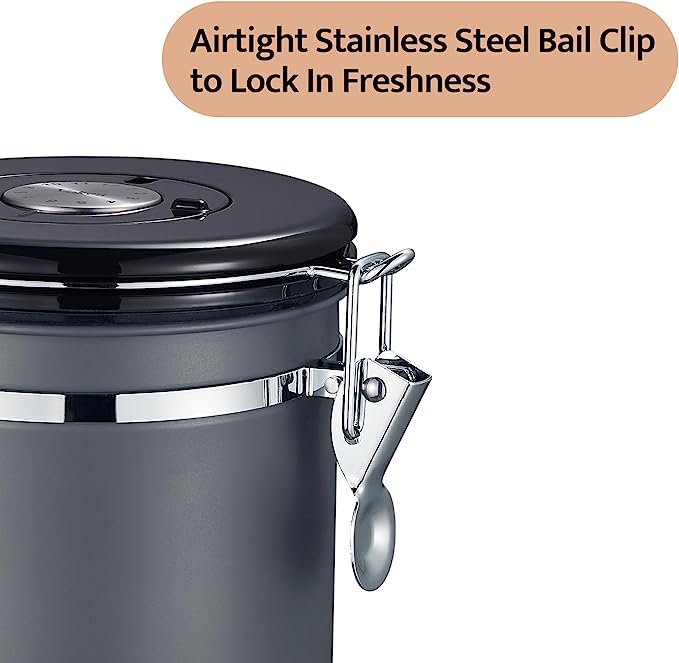 PG-0182  Coffee Canister, Airtight Stainless Steel Kitchen Food Storage Container with Date Tracker and Scoop for Grounds Coffee, Beans, Tea, Flour, Cereal, Sugar